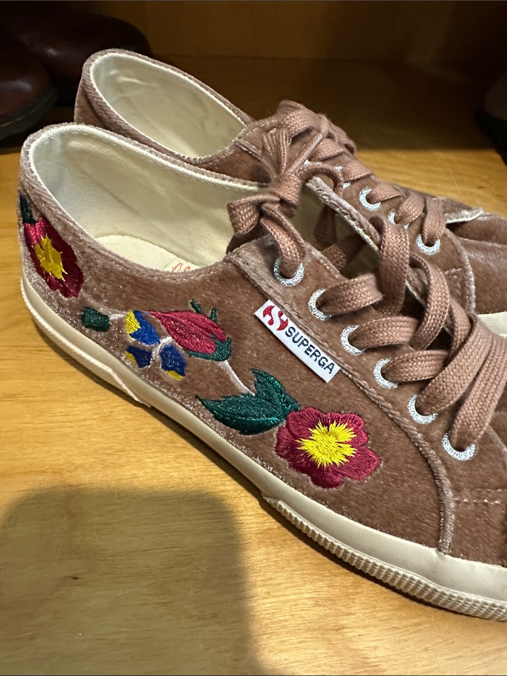Superga Pink Velvet Sneakers with Multicolor Floral Embroidery
